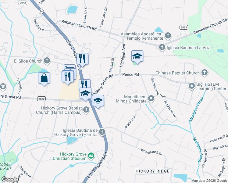 map of restaurants, bars, coffee shops, grocery stores, and more near 6717 Bellows Place in Charlotte