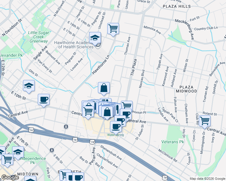 map of restaurants, bars, coffee shops, grocery stores, and more near 1432 Pecan Avenue in Charlotte