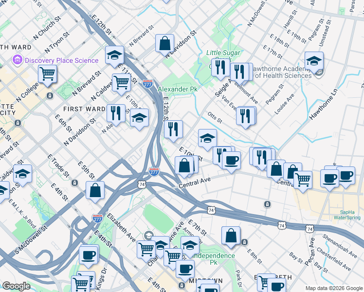 map of restaurants, bars, coffee shops, grocery stores, and more near 1122 East 10th Street in Charlotte