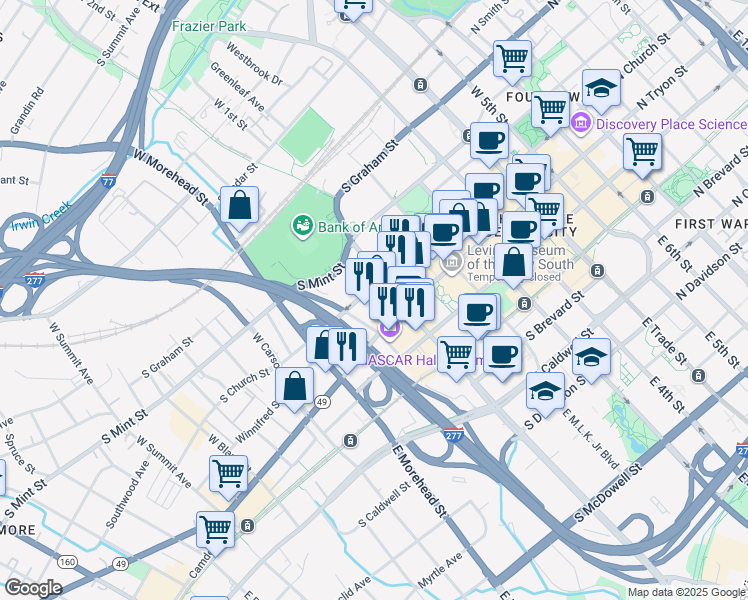map of restaurants, bars, coffee shops, grocery stores, and more near 685s South Church Street in Charlotte