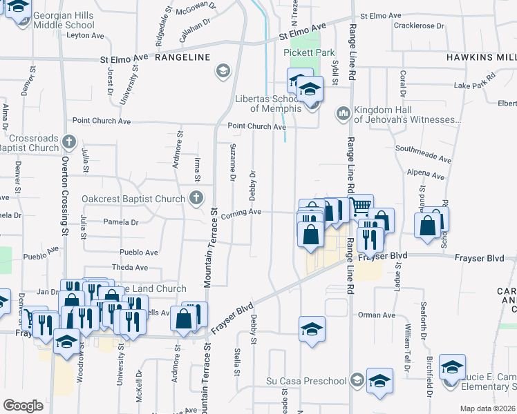 map of restaurants, bars, coffee shops, grocery stores, and more near 3563 Debby Drive in Memphis