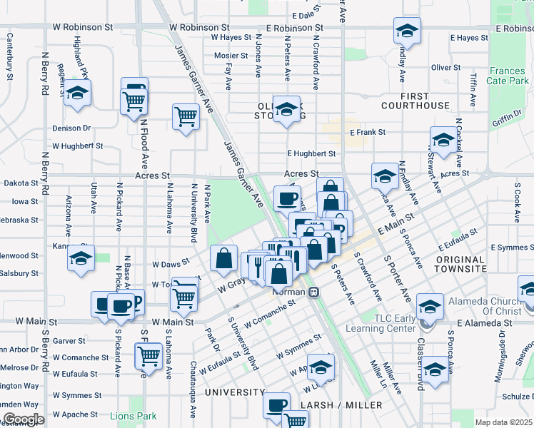 map of restaurants, bars, coffee shops, grocery stores, and more near 201 North Santa Fe Avenue in Norman