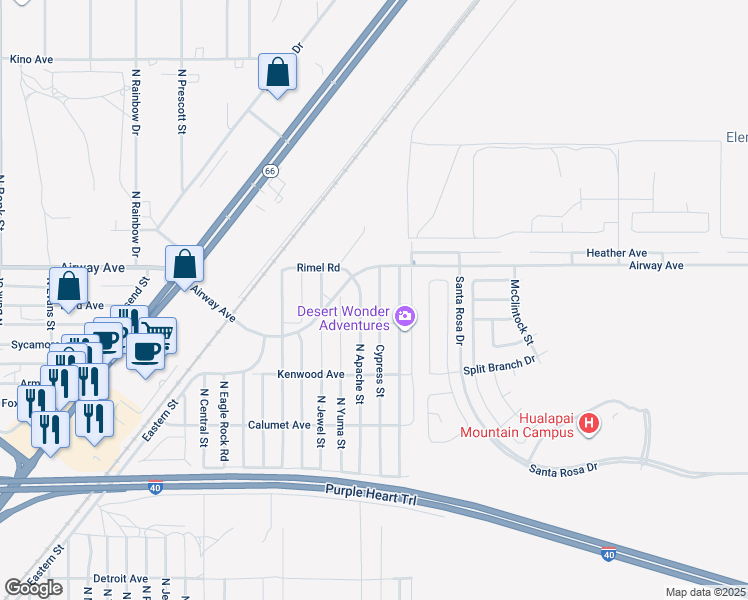 map of restaurants, bars, coffee shops, grocery stores, and more near 3457 Cypress Street in Kingman