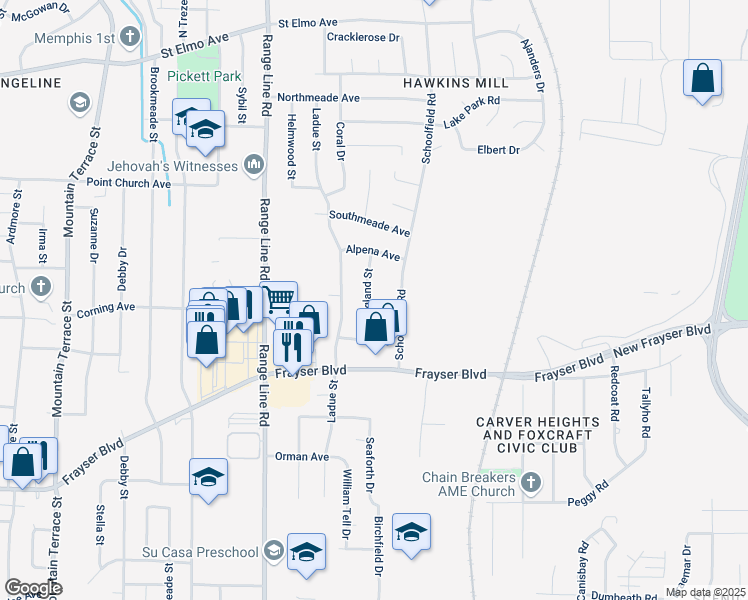map of restaurants, bars, coffee shops, grocery stores, and more near 3588 England Street in Memphis