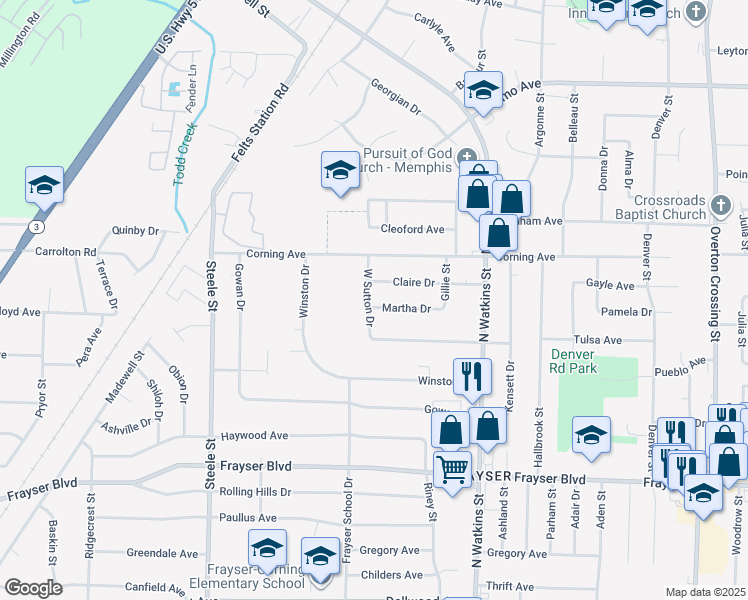 map of restaurants, bars, coffee shops, grocery stores, and more near 1681 Martha Drive in Memphis