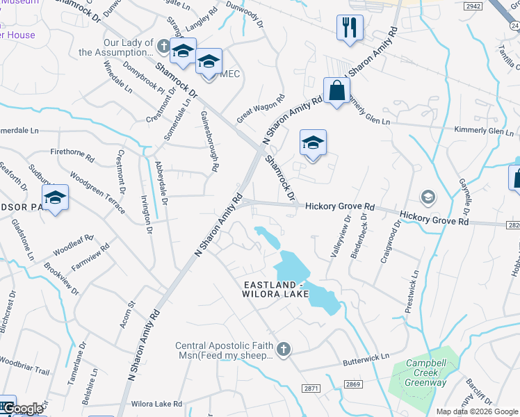 map of restaurants, bars, coffee shops, grocery stores, and more near 4800 Spring Lake Drive in Charlotte