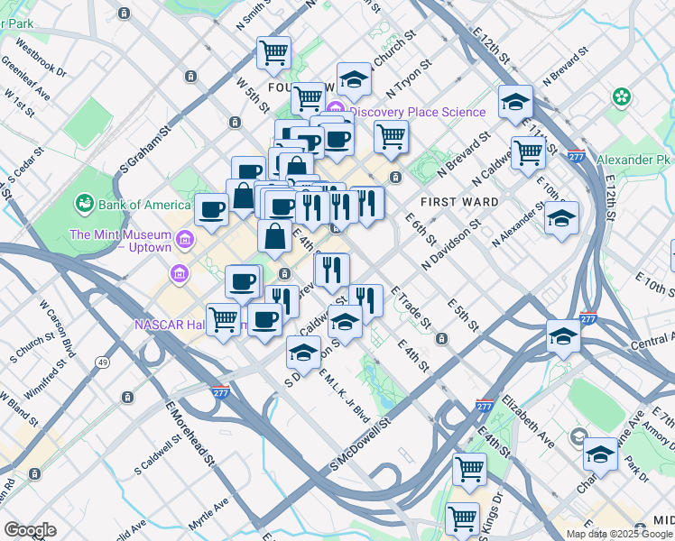 map of restaurants, bars, coffee shops, grocery stores, and more near 215 South Brevard Street in Charlotte