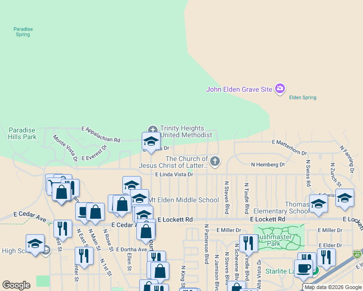 map of restaurants, bars, coffee shops, grocery stores, and more near 3721 Kingswood Way in Flagstaff