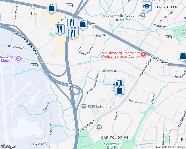 map of restaurants, bars, coffee shops, grocery stores, and more near 5039 Airport Center Parkway in Charlotte