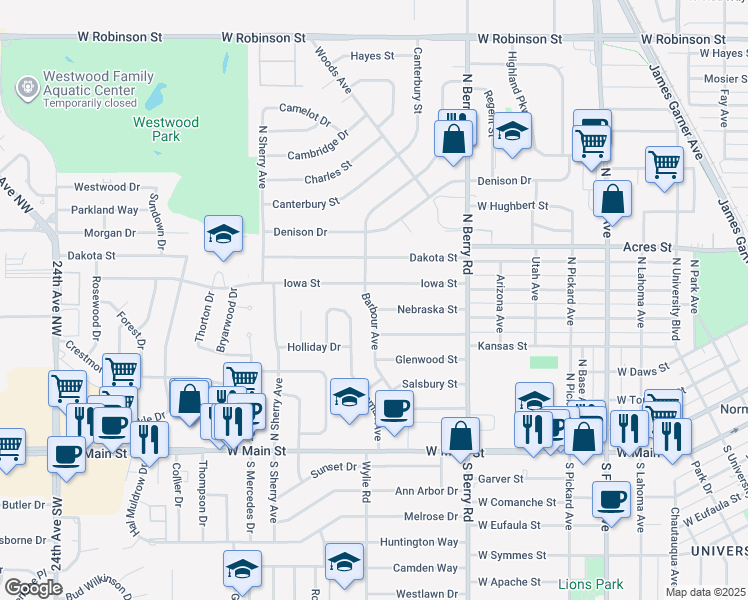 map of restaurants, bars, coffee shops, grocery stores, and more near 421 Barbour Avenue in Norman