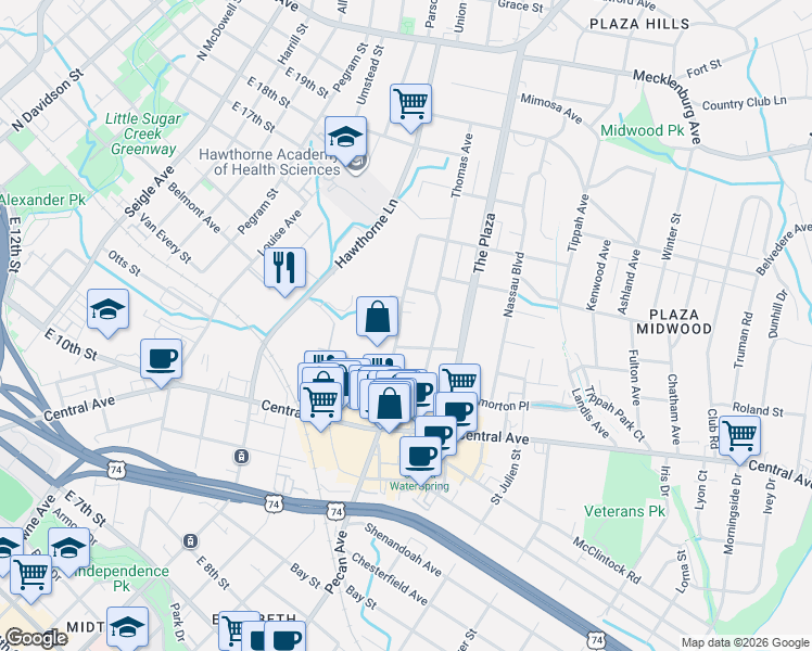 map of restaurants, bars, coffee shops, grocery stores, and more near 1518 Pecan Avenue in Charlotte