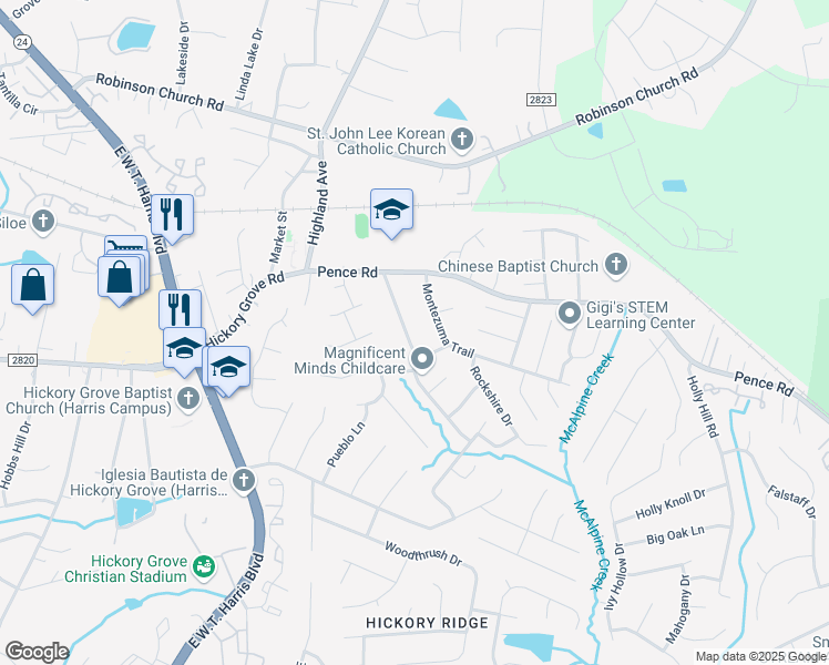 map of restaurants, bars, coffee shops, grocery stores, and more near 6624 Paloverde Lane in Charlotte
