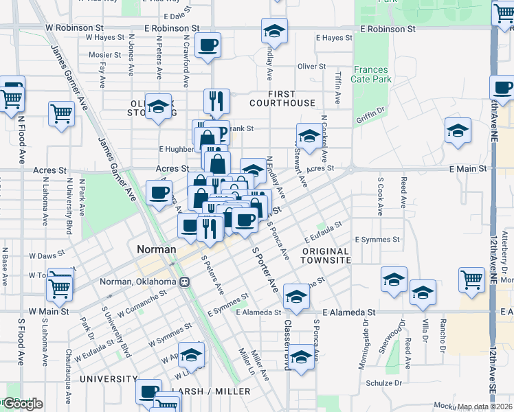 map of restaurants, bars, coffee shops, grocery stores, and more near 181 North Ponca Avenue in Norman