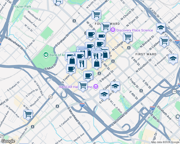 map of restaurants, bars, coffee shops, grocery stores, and more near 255 East Martin Luther King Junior Boulevard in Charlotte