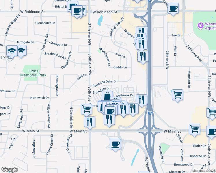 map of restaurants, bars, coffee shops, grocery stores, and more near 3413 Brookford Drive in Norman