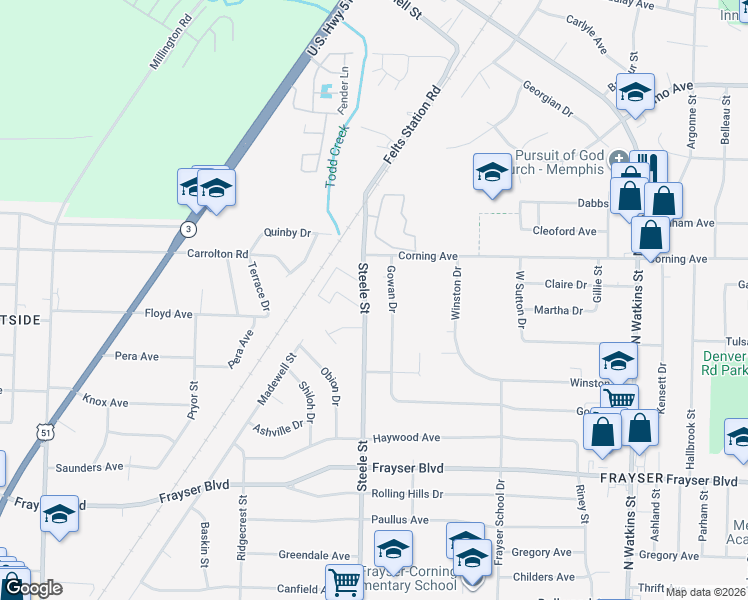 map of restaurants, bars, coffee shops, grocery stores, and more near 3594 Steele Street in Memphis