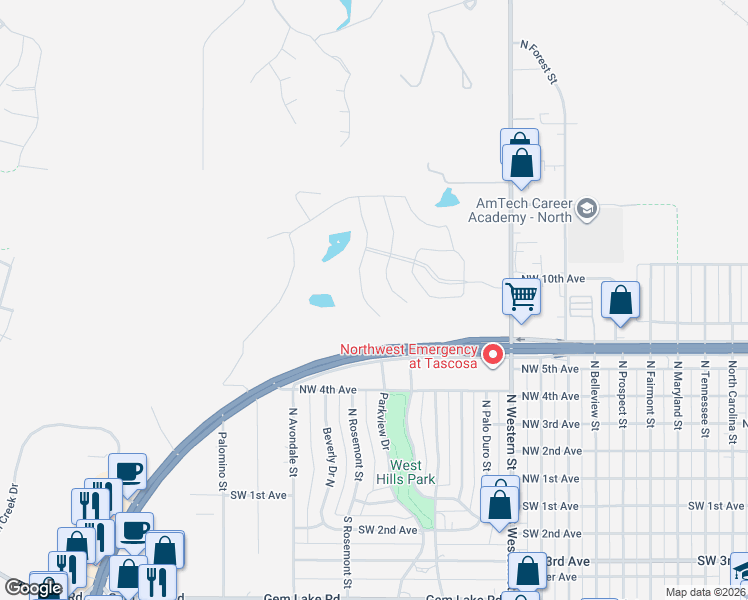 map of restaurants, bars, coffee shops, grocery stores, and more near 801 North Western Street in Amarillo