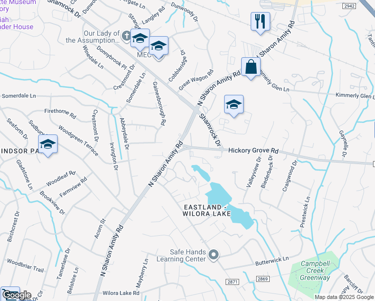 map of restaurants, bars, coffee shops, grocery stores, and more near 4821 Hickory Grove Road in Charlotte