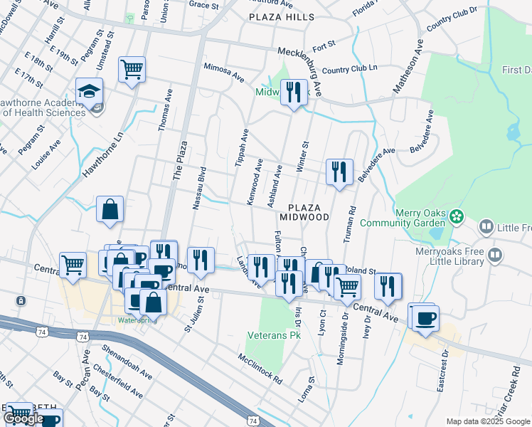 map of restaurants, bars, coffee shops, grocery stores, and more near 1912 Ashland Avenue in Charlotte