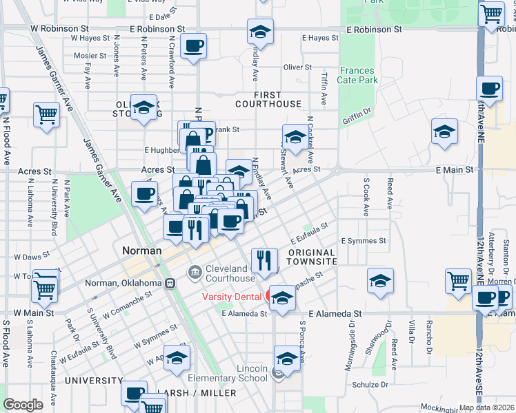 map of restaurants, bars, coffee shops, grocery stores, and more near 530 East Gray Street in Norman