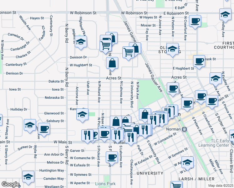 map of restaurants, bars, coffee shops, grocery stores, and more near 511 Iowa Street in Norman