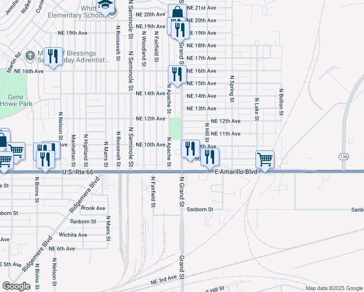map of restaurants, bars, coffee shops, grocery stores, and more near N Grand St & NE 10th Ave in Amarillo