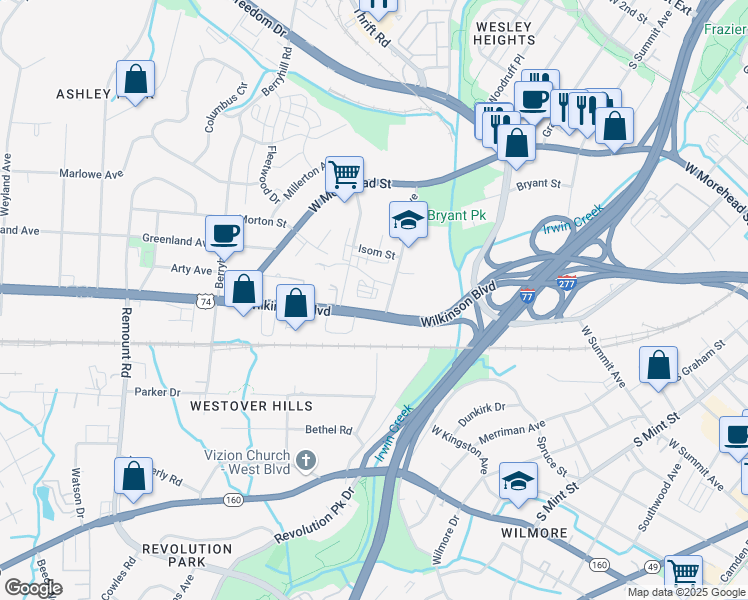map of restaurants, bars, coffee shops, grocery stores, and more near 2140 Suttle Avenue in Charlotte