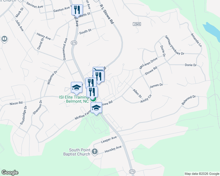 map of restaurants, bars, coffee shops, grocery stores, and more near 1108 Township Parkway in Belmont