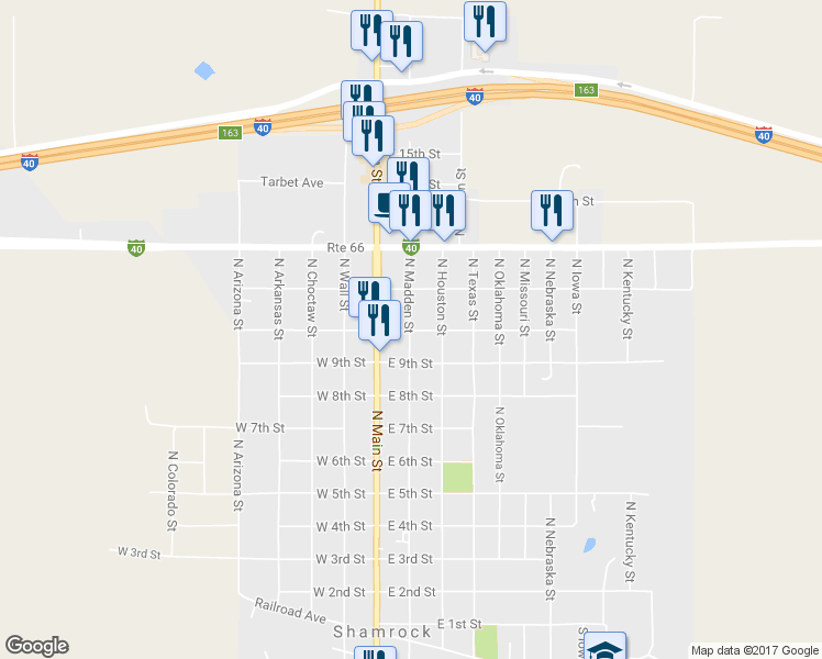 map of restaurants, bars, coffee shops, grocery stores, and more near North Madden Street in Shamrock