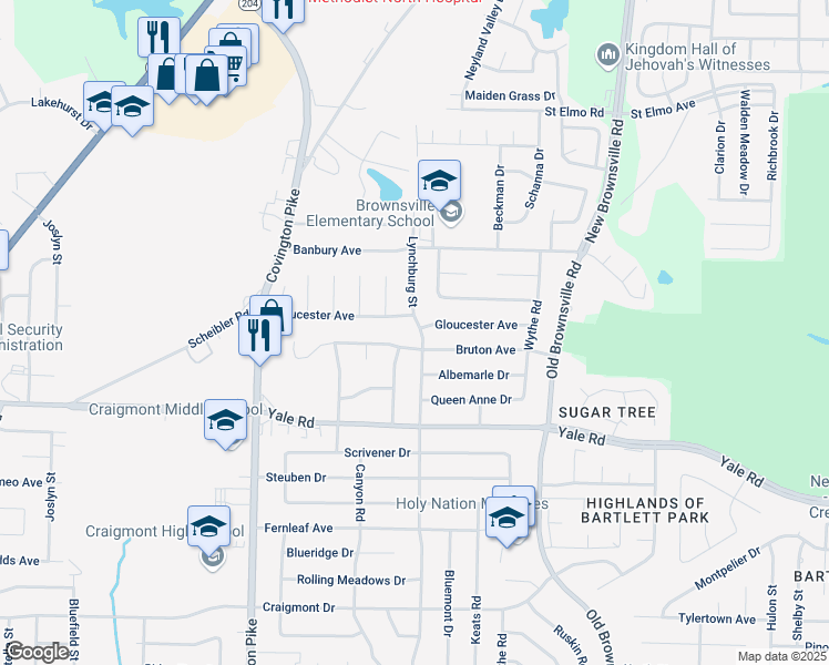 map of restaurants, bars, coffee shops, grocery stores, and more near 3591 Lynchburg Street in Memphis