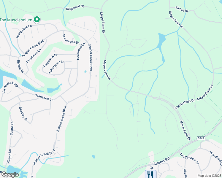 map of restaurants, bars, coffee shops, grocery stores, and more near Meyer Farm Drive in Pinehurst