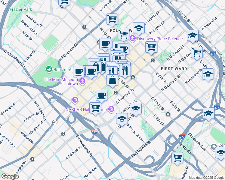 map of restaurants, bars, coffee shops, grocery stores, and more near 200 East 3rd Street in Charlotte