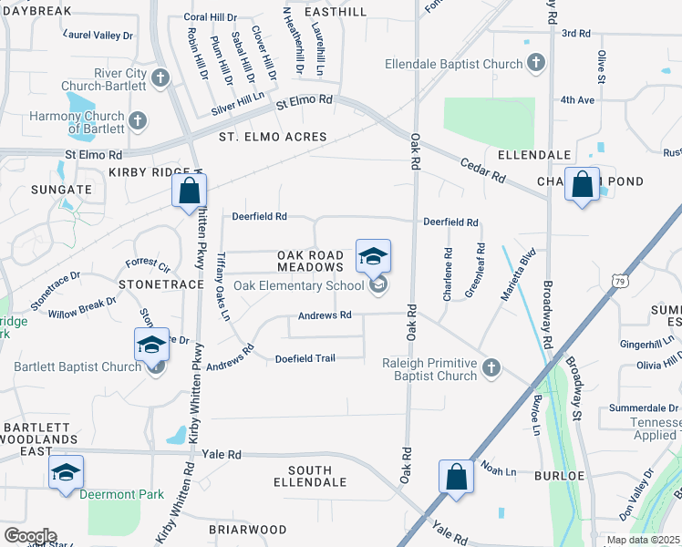 map of restaurants, bars, coffee shops, grocery stores, and more near 3590 Foxfield Trail in Memphis