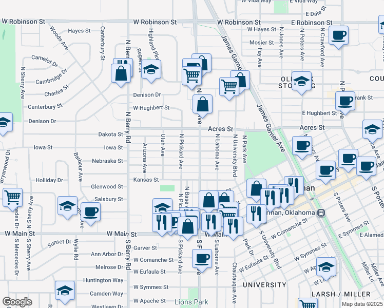 map of restaurants, bars, coffee shops, grocery stores, and more near 605 Iowa Street in Norman