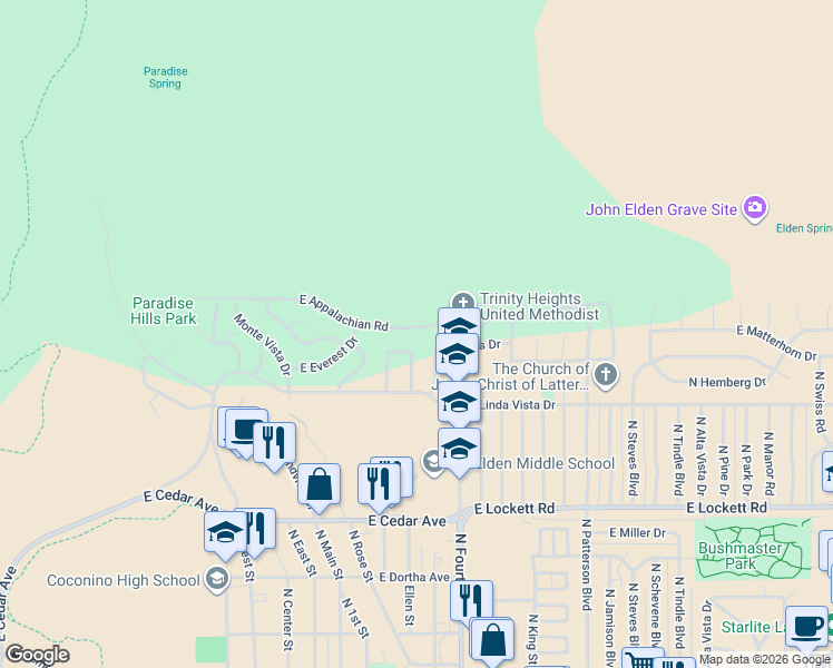 map of restaurants, bars, coffee shops, grocery stores, and more near 1780 East Appalachian Road in Flagstaff