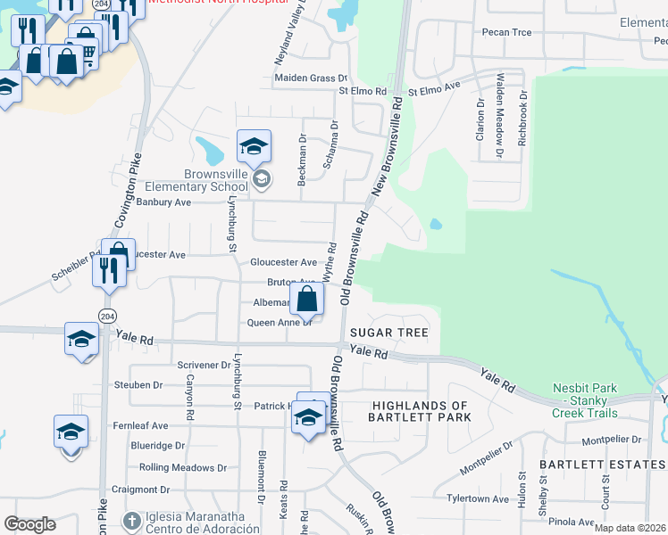 map of restaurants, bars, coffee shops, grocery stores, and more near 3610 Wythe Road in Memphis