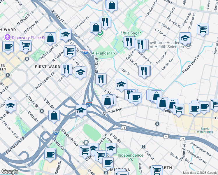 map of restaurants, bars, coffee shops, grocery stores, and more near 725 Seigle Avenue in Charlotte