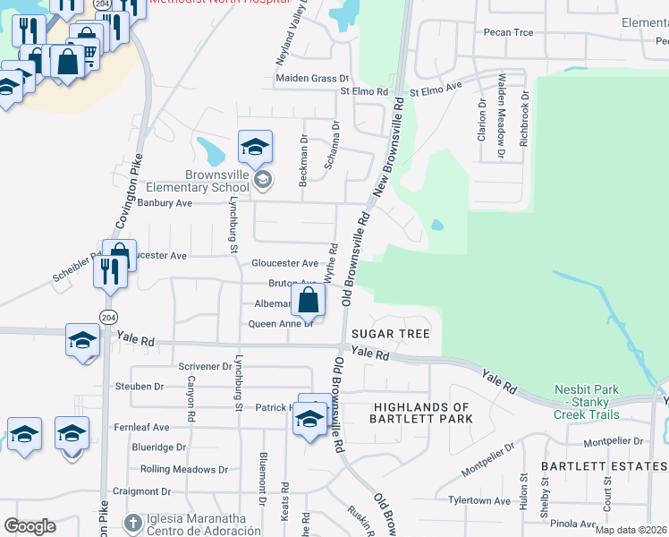 map of restaurants, bars, coffee shops, grocery stores, and more near 3610 Wythe Road in Memphis