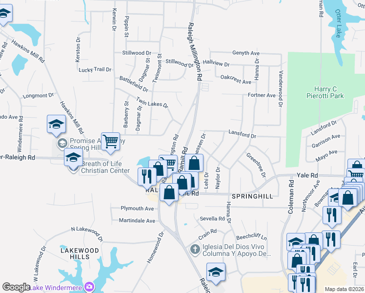 map of restaurants, bars, coffee shops, grocery stores, and more near 3619 Ramill Road in Memphis
