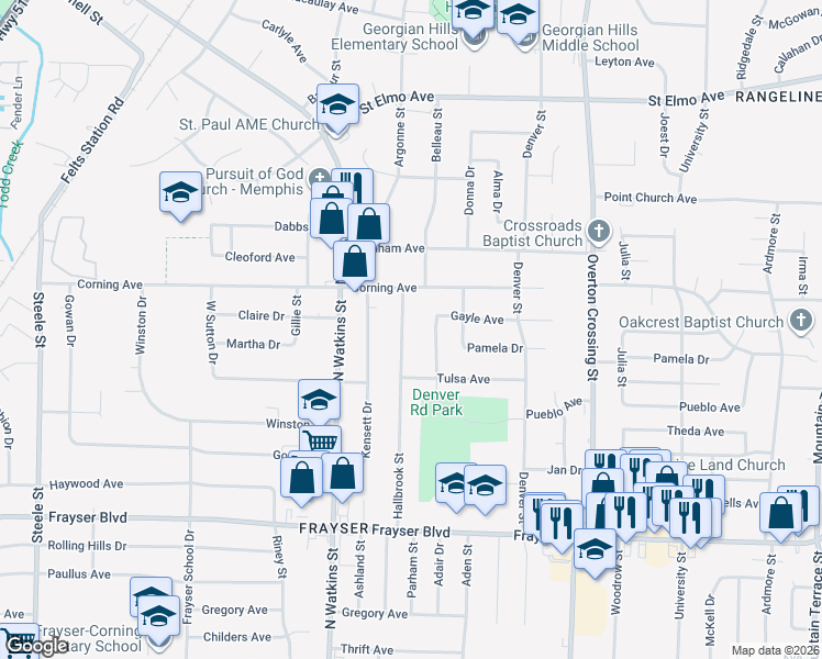 map of restaurants, bars, coffee shops, grocery stores, and more near 3609 Bigelow Street in Memphis