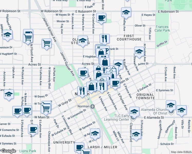 map of restaurants, bars, coffee shops, grocery stores, and more near 212 East Daws Street in Norman