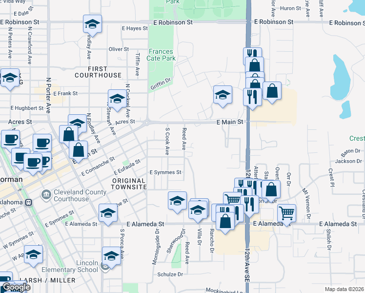 map of restaurants, bars, coffee shops, grocery stores, and more near 136 Reed Avenue in Norman