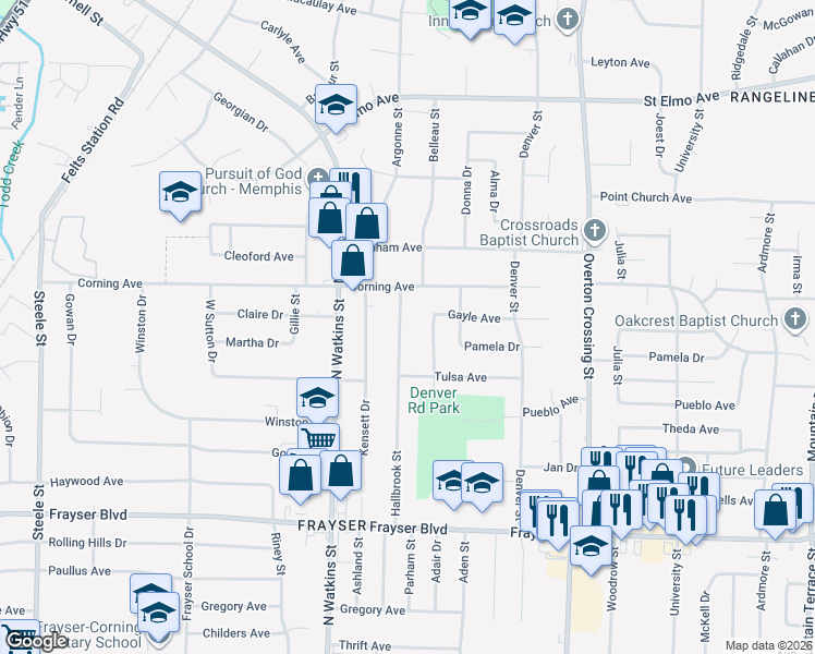 map of restaurants, bars, coffee shops, grocery stores, and more near 3609 Bigelow Street in Memphis