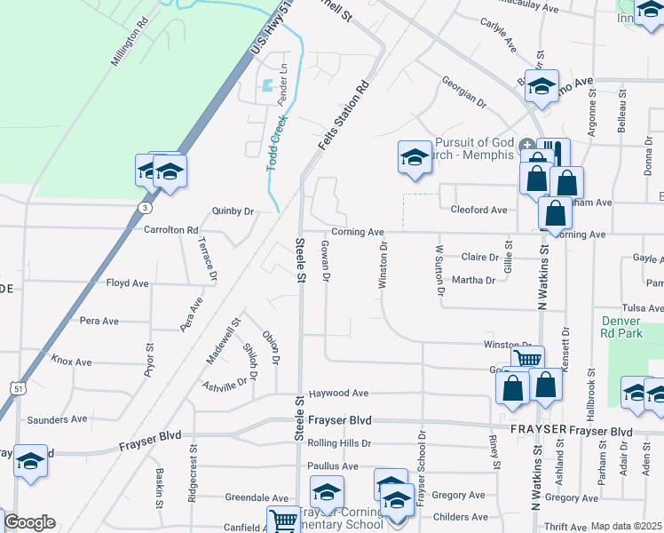 map of restaurants, bars, coffee shops, grocery stores, and more near 3620 Gowan Drive in Memphis
