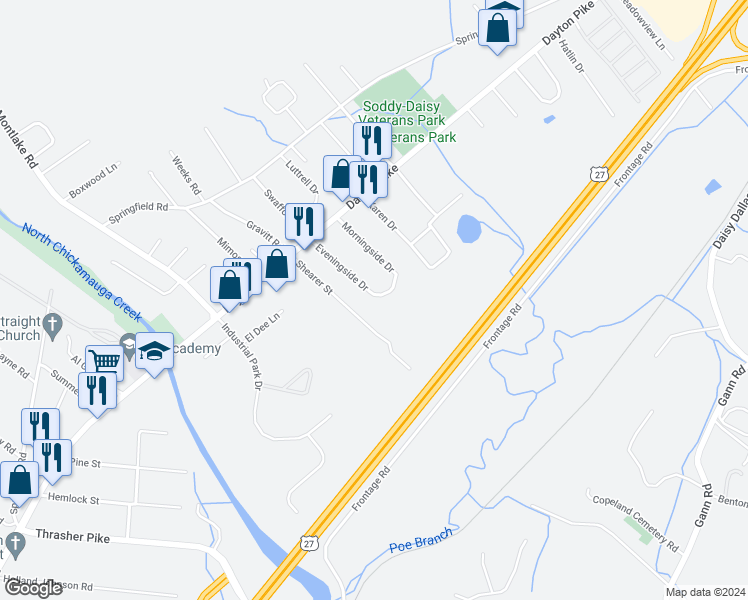 map of restaurants, bars, coffee shops, grocery stores, and more near 202 Eveningside Drive in Soddy-Daisy