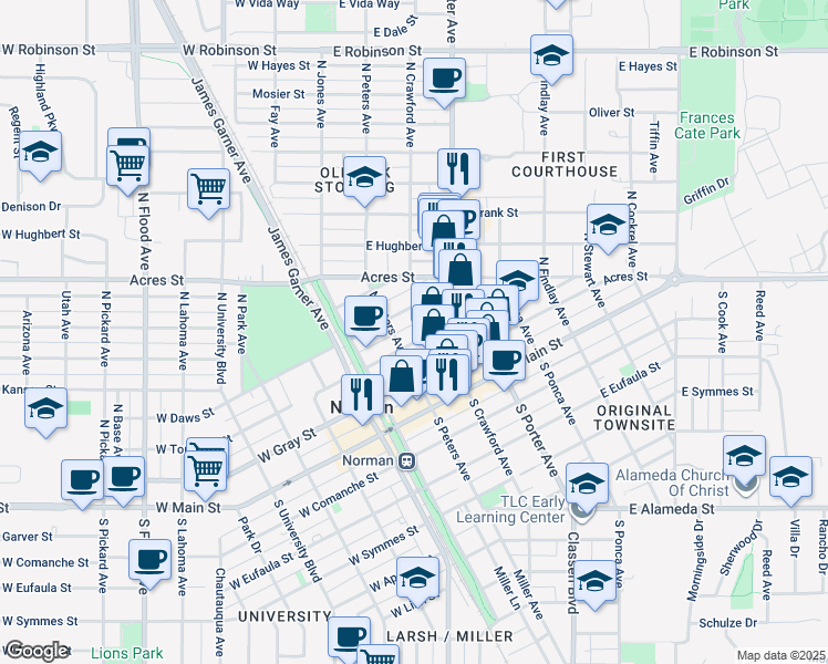 map of restaurants, bars, coffee shops, grocery stores, and more near 213 East Tonhawa Street in Norman