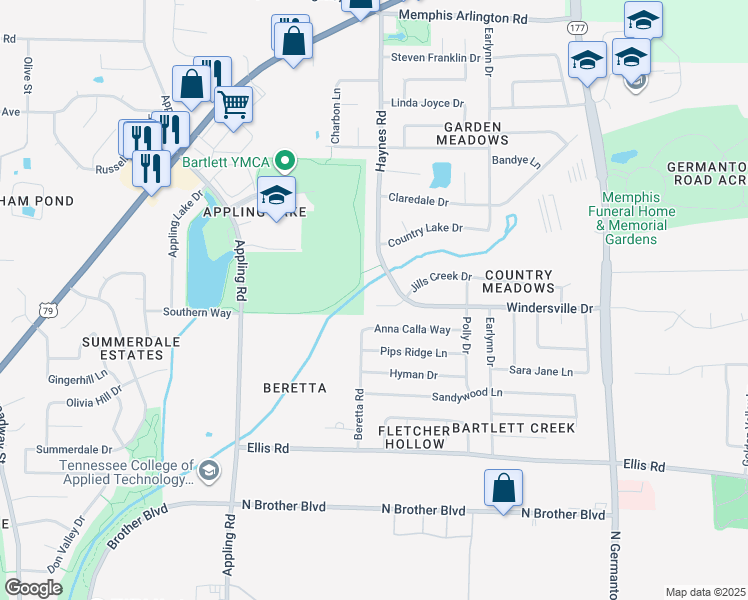 map of restaurants, bars, coffee shops, grocery stores, and more near 7818 Jills Creek Drive in Bartlett