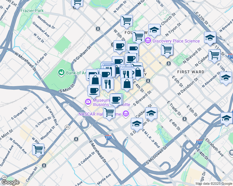 map of restaurants, bars, coffee shops, grocery stores, and more near in Charlotte