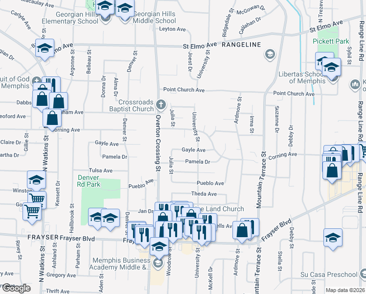 map of restaurants, bars, coffee shops, grocery stores, and more near 3629 Fiat Cove in Memphis