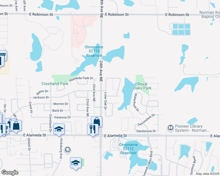 map of restaurants, bars, coffee shops, grocery stores, and more near 525 Woodsong Drive in Norman